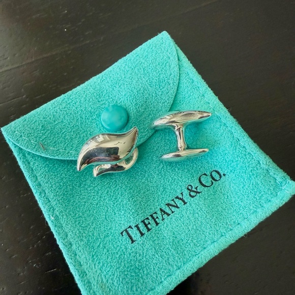Tiffany & Co. Silver Wave Cufflinks with Turquoise Pouch - Picture 1 of 5